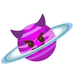 cara sonriendo con cuernos + planeta con anillos