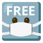 Gesicht mit Atemschutzmaske + Wort „Free“ in blauem Quadrat
