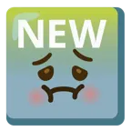 würgendes Gesicht + Wort „New“ in blauem Quadrat