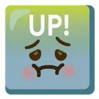 würgendes Gesicht + Schriftzug „UP!“ im blauen Quadrat