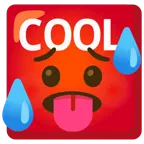 schwitzendes Gesicht + Wort „Cool“ in blauem Quadrat