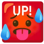 schwitzendes Gesicht + Schriftzug „UP!“ im blauen Quadrat