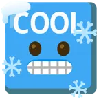 frierendes Gesicht + Wort „Cool“ in blauem Quadrat