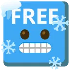 frierendes Gesicht + Wort „Free“ in blauem Quadrat