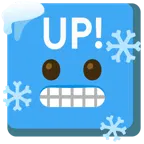 frierendes Gesicht + Schriftzug „UP!“ im blauen Quadrat