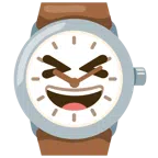 Armbanduhr + Grinsegesicht mit zugekniffenen Augen