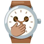Armbanduhr + Gesicht mit offenen Augen und Hand über dem Mund