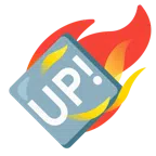 Komet + Schriftzug „UP!“ im blauen Quadrat