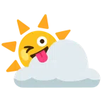 Sonne hinter Wolke + zwinkerndes Gesicht mit herausgestreckter Zunge