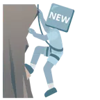 Berg + Wort „New“ in blauem Quadrat