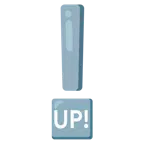 rotes Ausrufezeichen + Schriftzug „UP!“ im blauen Quadrat