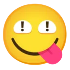 rotes Ausrufezeichen + sich die Lippen leckendes Gesicht