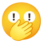 rotes Ausrufezeichen + Gesicht mit offenen Augen und Hand über dem Mund