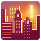 rotes Ausrufezeichen + Sonnenuntergang in der Stadt