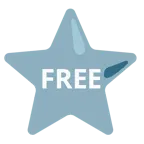 weißer mittelgroßer Stern + Wort „Free“ in blauem Quadrat