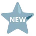 weißer mittelgroßer Stern + Wort „New“ in blauem Quadrat