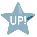 weißer mittelgroßer Stern + Schriftzug „UP!“ im blauen Quadrat