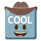 Gesicht mit Cowboyhut + Wort „Cool“ in blauem Quadrat