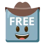 Gesicht mit Cowboyhut + Wort „Free“ in blauem Quadrat