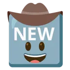 Gesicht mit Cowboyhut + Wort „New“ in blauem Quadrat