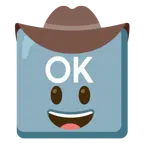 Gesicht mit Cowboyhut + Großbuchstaben OK in blauem Quadrat