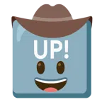 Gesicht mit Cowboyhut + Schriftzug „UP!“ im blauen Quadrat