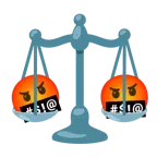 face with symbols on mouth + balance scale