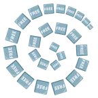Wirbel + Wort „Free“ in blauem Quadrat
