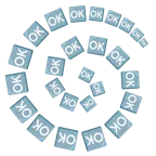 Wirbel + Großbuchstaben OK in blauem Quadrat