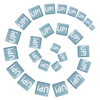 Wirbel + Schriftzug „UP!“ im blauen Quadrat