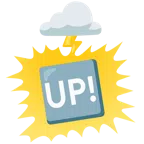 Wolke mit Blitz + Schriftzug „UP!“ im blauen Quadrat