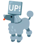 Pudel + Schriftzug „UP!“ im blauen Quadrat