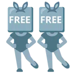 Hasengesicht + Wort „Free“ in blauem Quadrat