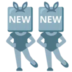 Hasengesicht + Wort „New“ in blauem Quadrat