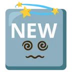 schwindlig + Wort „New“ in blauem Quadrat