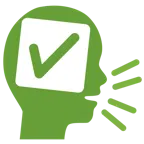 cabeza parlante + botón de marca de verificación