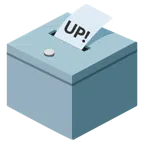 Urne mit Wahlzettel + Schriftzug „UP!“ im blauen Quadrat