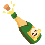 smiling face with open hands + bottle with popping cork