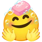 smiling face with open hands + soap