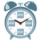 Wecker + Wort „New“ in blauem Quadrat
