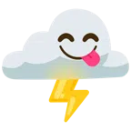 Wolke mit Blitz + sich die Lippen leckendes Gesicht