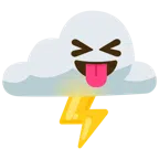Wolke mit Blitz + Gesicht mit herausgestreckter Zunge und zusammengekniffenen Augen