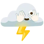 Wolke mit Blitz + Gesicht mit durch die Finger linsendem Auge