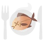 ปลา + จานพร้อมส้อมและมีด