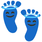 huellas de pies + cara sonriendo con aureola